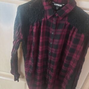 Express Men's Burgundy and Black Plaid Shirt